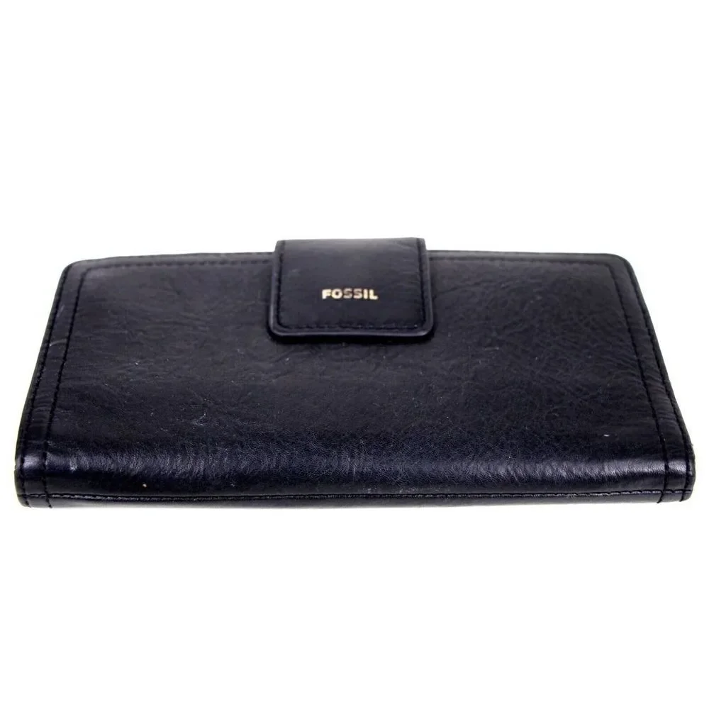FOSSIL BLACK GENUINE LEATHER ID CARD COIN HOLDER BILL BIFOLD WALLET PURSE